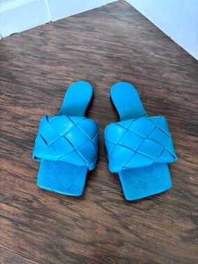 Bottega Veneta Bright Blue Woven Square-Toe Slide Mules